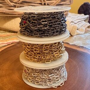 Jewelry making supplies. Chain Spool Set - Gold, Silver, Black.
